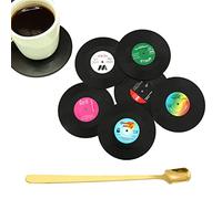 6 sous-Verres en Silicone antidérapants avec 1 cuillère à café, tampons CD en Vinyle rétro, tampons d'isolation Thermique, Protections de Bureau, sous-Verres Ronds, pour café, Boissons, Verres