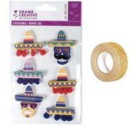6 stickers 3D Chapeaux mexicains Sombreros 5,5 cm + masking tape doré à paillettes 5 m Multicolore