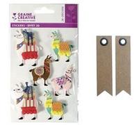 6 stickers 3D Lama 6 cm + 20 étiquettes kraft Fanion Multicolore
