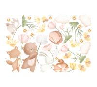 6 stickers animaux de la foret entre les fleurs printanières