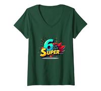 6 & Super: Célébration d'anniversaire de Style Bande dessinée vibrante T-Shirt avec Col en V, Femme, Vert Forêt, L