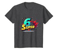 6 & Super: Célébration d'anniversaire de Style Bande dessinée vibrante T-Shirt, Enfant, Chiné Foncé, 10 Ans