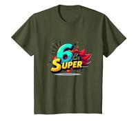 6 & Super: Célébration d'anniversaire de Style Bande dessinée vibrante T-Shirt, Enfant, Olive, 4 Ans