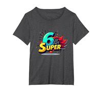 6 & Super: Célébration d'anniversaire de Style Bande dessinée vibrante T-Shirt, Femme Grandes Tailles, Chiné Foncé, 6X
