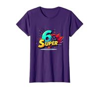 6 & Super: Célébration d'anniversaire de Style Bande dessinée vibrante T-Shirt, Femme, Violet, XL