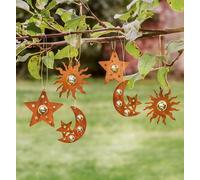 6 suspensions décoratives « Soleil, Lune & étoiles » en métal, Aspect Rouille, avec Petites Boules argentées, décoration à Suspendre, décoration de Porte, décoration Murale, décoration de fenêtre