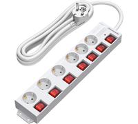 6-Way Power Strip With 7 Individual Switches, 3680W Max, Wall Mounting, Child Safety, Surge Arrester And Surge Extension With 5M Cable & 90° Sockets, White