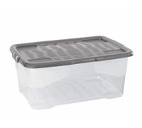 6 x 42 Litres Curve Plastic Stackable Storage Box & Lid with clip-on lids, 6 Pack, Multi storage box for home and office storage solution Clear Box, Grey Lid, (25cm H x 40cm W x 60cm D)
