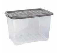 6 x 65 Litres Curve Plastic Stackable Storage Box & Lid with clip-on lids, 6 Pack, Multi storage box for home and office storage solution Clear Box, Grey Lid, (37cm H x 40cm W x 60cm D)