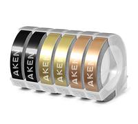 6 x Aken 9 mm Compatible avec Dymo Ruban de Marquage 3D pour Dymo Omega Junior Embossing Etiqueteuse, Recharge Bande 9mm Blanc Sur Noir/Or/Or champagne, 6 pièces