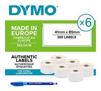 6 X Dymo S0722560 Original LabelWriter Petit Nom badge labels, 41 x 89 mm, 300/Rouleau Impression Noire sur blanc + PAPERMATE Stylo Cadeau