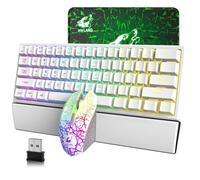 60% 2.4G 61 Touches Blanc Clavier sans Fil Souris Combo Clavier Ergonomique Rechargeable RGB + 7 Lumière RGB 2400DPI 6 Touches Arc-en-Ciel LED Souris De Jeu Optique + Tapis De Souris + Repose-Poignet