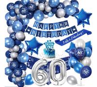 60 Ans Décoration Anniversaire Homme Chrome Bleu Argent,Royal Bleu Ballons Arch Kit avec Joyeux Anniversaire Bannière Cake Topper Nappe Birthday Sash Grand Ballon Numéro 60