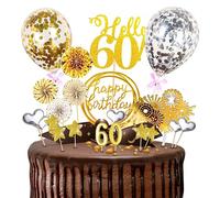 60 Ans Decoration Gateau Anniversaire Probuk 23 Pcs Doré Glitter Happy Birthday Cake Topper Deco avec Bougies,Confettis Ballon,Éventail en Papier,Star Décor,Décoration de Gâteau pour Femmes/Homme