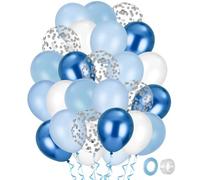 60 ballons bleus, ballons bleu marine bleu clair blanc avec rubans, ballons bleus 12 pouces, set de ballons confettis en latex, pour enfants anniversaire mariage baptême baby shower déco