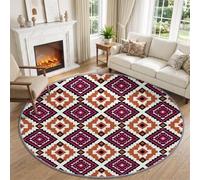 60 cm Tapis Rond Lavable pour Salon Ethnicité Losange Géométrique | Rouge Foncé Antidérapant Poil Ras Tapis, pour Chambre Salle a Manger Descente de Lit Bureau, Bohème Géométrique Boîte