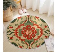 60 cm Tapis Rond Vintage Fleurs Plantes, Rouge Crème Imitation Cachemire Douce Tapis Circulaire Imprimé Antidérapant Lavable pour Salon Chambre Cuisine Salle à Manger