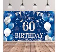 60 Décorations fête en Bleu Argent,Deco Anniversaire 60 ans Bannières de Joyeux Anniversaire Fête Porche Signe Bannière pour 60 ans Décoration Homme Femme