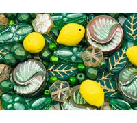 60 g of Focal Glass Bead Mix with Lemons, Seashels and Leaves, Emerald