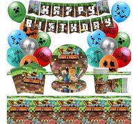 60 Pcs Kit de Anniversaire Vaisselle, Mine-Craft Décoration Anniversaire, Mine-Craft Vaisselle de Fête, Mine-Craft Ballons, Assiettes, Gobelets, Serviettes, Nappes, Bannières