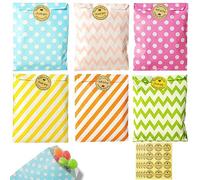 60 Pcs Pochette Cadeau Kraft, Sachet Bonbons Anniversaire, Petits Sacs Cadeaux Colorés avec 60 Autocollants pour Célébrations de Fête, Mariage, Anniversaire, Noël (6 Dessins Mignons)