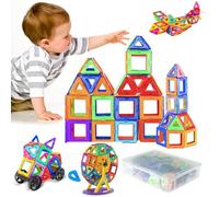 60 Pièces 3D Construction Magnetique Enfant Colorés, 4 Formes STEM Magnetic Tiles, DIY Jeu de Construction Magnétique avec 2 Roues Jeu et Boîte, Jeux Magnetique Enfant pour 3 4 5 6 7 Ans