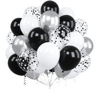 60 Pièces Ballons Noir Blancs, 12 Pouces Métallique Chrome Argentés Confettis Latex Hélium Ballon avec Ruban pour Enfant Filles Garçon Fête Anniversaire Baby Shower Mariage Baptême Festival Décoration