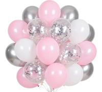 60 pièces Ballons roses, blancs, ballons en latex argentés à confettis de 30 cm, ballons rose pastel et blancs, ballons argentés, parfaits pour les anniversaires de filles et les décorations de fêtes