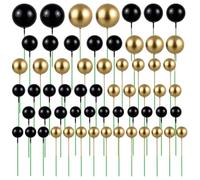 60 Pièces Boule Gâteau Topper Mini Ballons Gâteau Topper Bâtons Boules en Mousse Pics à Gâteau pour anniversaire, mariage (Noir, Or)