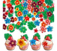 60 Pièces Comestibles pour Gâteau, Fleurs et Feuilles Hawaii, Parfait pour Décorer les Gâteaux et les Cupcakes, Décoration Gateau Comestible en Papier de Riz, Pour Jungle d'anniversaire