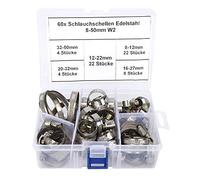 60 Pièces Pinces à Durite Type Allemand en Acier Inoxydable, Pinces à Ressort pour Tuyaux, Assortiment de Tailles 8-12 mm à 32-50 mm, Résistantes à la Rouille avec Boîtier de R