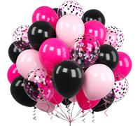 60 Pieces Pink Black Balloons, 12 Inches Bright Pink Pastel Black Confetti Latex Helium Balloon With Ribbon For Girls Women Birthday Parties Baby Shower Wedding Christening Engagement