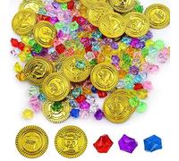 100 Pièces Pirate Pièces d'or et 100 Pièces Bijoux Bijoux de Gemmes Pirate Pièces d'or Enfants Jouets Le Trésor de Chasse Piece d'or Diamant pour Le Trésor Chasse Jeu Décoration de Fête Halloween Noël