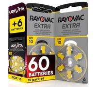 60 Piles Appareils Auditifs 10 Rayovac Extra + 6 Udivita