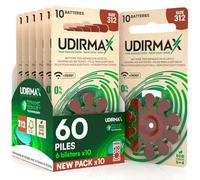 60 Piles Auditives PR41 Taille 312 (Marron) Udirmax Zinc-Air 0% Mercure 1,45V avec Technologie Dynamic Sonar Eco Pack - 6 Blisters Écologiques de 10 Piles