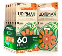 60 Piles Auditives Taille 13 PR48 Orange - Udirmax Zinc-Air 0% Mercure 1,45V avec Technologie Dynamic Sonar - Eco Pack 6 Blisters Écologiques de 10 Piles