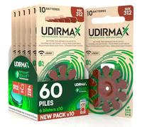 60 Piles Auditives Taille 312 PR41 Marron - Udirmax Zinc-Air 0% Mercure 1,45V avec Technologie Dynamic Sonar - Eco Pack 6 Blisters Écologiques de 10 Piles