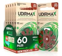 60 Piles Auditives Taille 312 Udirmax PR41 Marron Zinc-Air Eco Pack - 6 Blisters Écologiques de 10 Piles