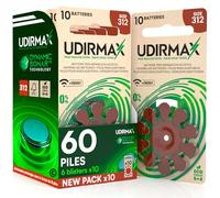 60 Piles Auditives Taille 312 Udirmax PR41 Zinc-Air Eco Pack Marron - 6 Blisters Écologiques de 10 Piles