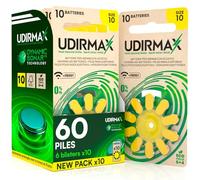 60 Piles pour Appareils Acoustiques Taille 10 Udirmax Piles PR70 Jaune Dynamic Sonar Zinc-Air Eco Pack Qualité Audio Constante - 6 Blisters Écologiques de 10 Piles