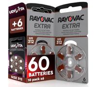 60 Piles pour Appareils Auditifs Rayovac Extra 312 + 6 Piles Udivita
