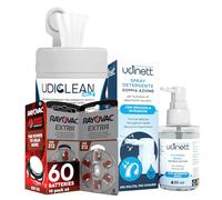 60 Piles pour Appareils Auditifs Rayovac Extra Taille 312 Technologie Suond Fusion + 100 Lingettes pour Appareils Auditifs Nettoyantes et Humides Udiclean + Spray de Nettoyage Udinett