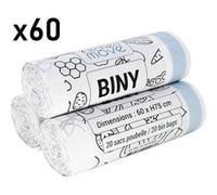 Lot de 60 sacs poubelles blanc 50L 60 x H75 CM BINY Ultra résistant 23 microns avec lien coulissant