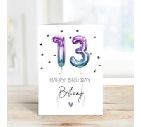 60 Second Makeover Carte d'anniversaire 13e anniversaire personnalisée avec ballons en aluminium pour elle