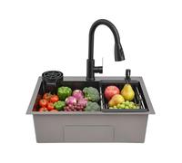 60 x 45 cm Évier de cuisine en acier inoxydable noir avec robinet | Évier de cuisine en acier inoxydable avec nano-revêtement - 20 cm de profondeur - Pour dessus et encastré - Avec égouttoir et