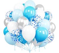 60 X White Blue Silver Balloon, 12 Inch Latex Sky Pastel Confetti Ribbon For Children Boys Men Party Birthday Wedding Engagement Christening Decoration