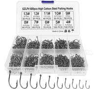 600 Fishing Hooks, 10 Sizes Carbon Steel Hooks With Plastic Box For Freshwater And Saltwater Fishing