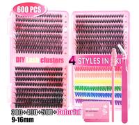 600 pièces de faux-cils individuels en grappe, grande capacité 30D+40D+50D+6 colorés, courbure D de 9 à 16 mm, mélangés. Kit d'extension de cils DIY naturels, extra épais, effilés, méga volume et colo