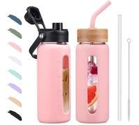 600ML Gobelet en Verre Gourde avec Paille et 2 Couvercles Tasse à Café avec Marqueur de Temps et Protecteur en 600ml Rose