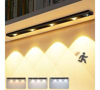 60CM Led sous le comptoir Rampe d'éclairage avec détecteur de mouvement Sans fil Rechargeable 3 couleurs de lumière Lampes à détecteur, Noir